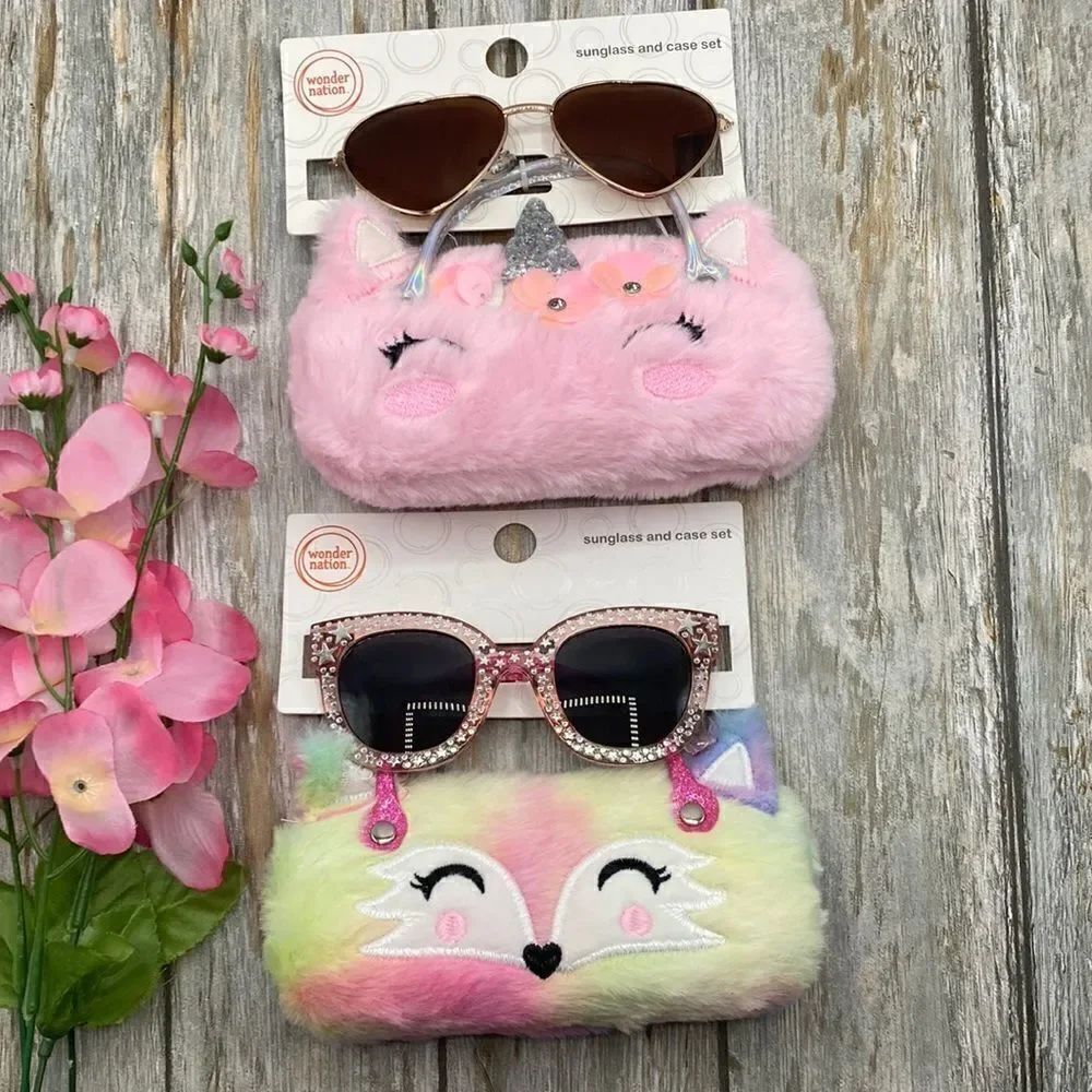 Girls Fun Summer Sunglasses With Unicorn & Fox, Faux Fur Carrying Cases
